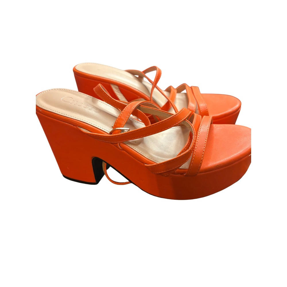 Cuccoo Orange Strappy Platform Sandals Chunky Block Heel Women Size 39 EU 8 US